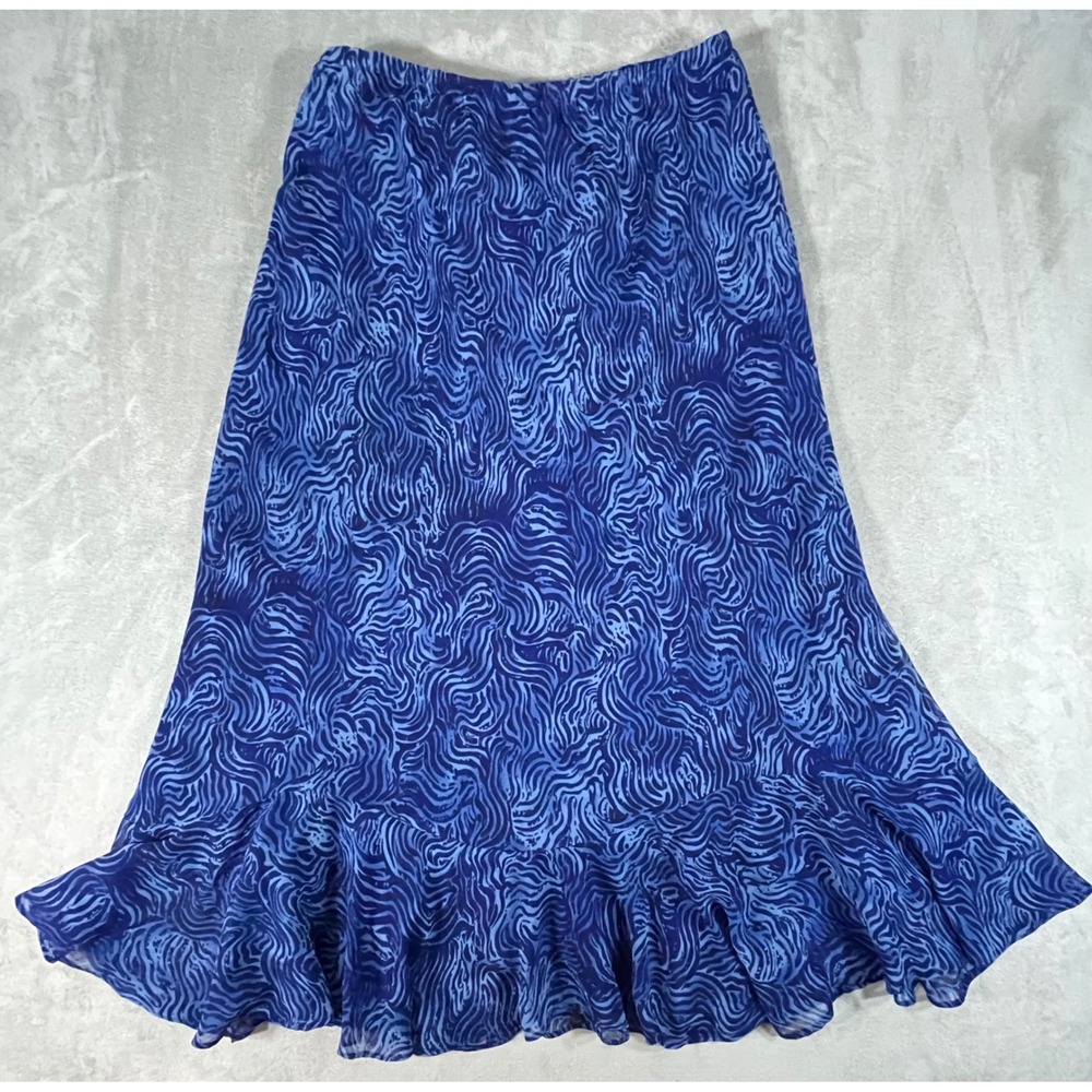 Ruffle Midi Skirt Women 8 Blue Swirl Flowy Chiffon Lined Whimsigoth pull on